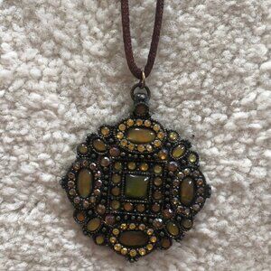 Brown Soft Suede Strap Necklace with Crystal Pendant